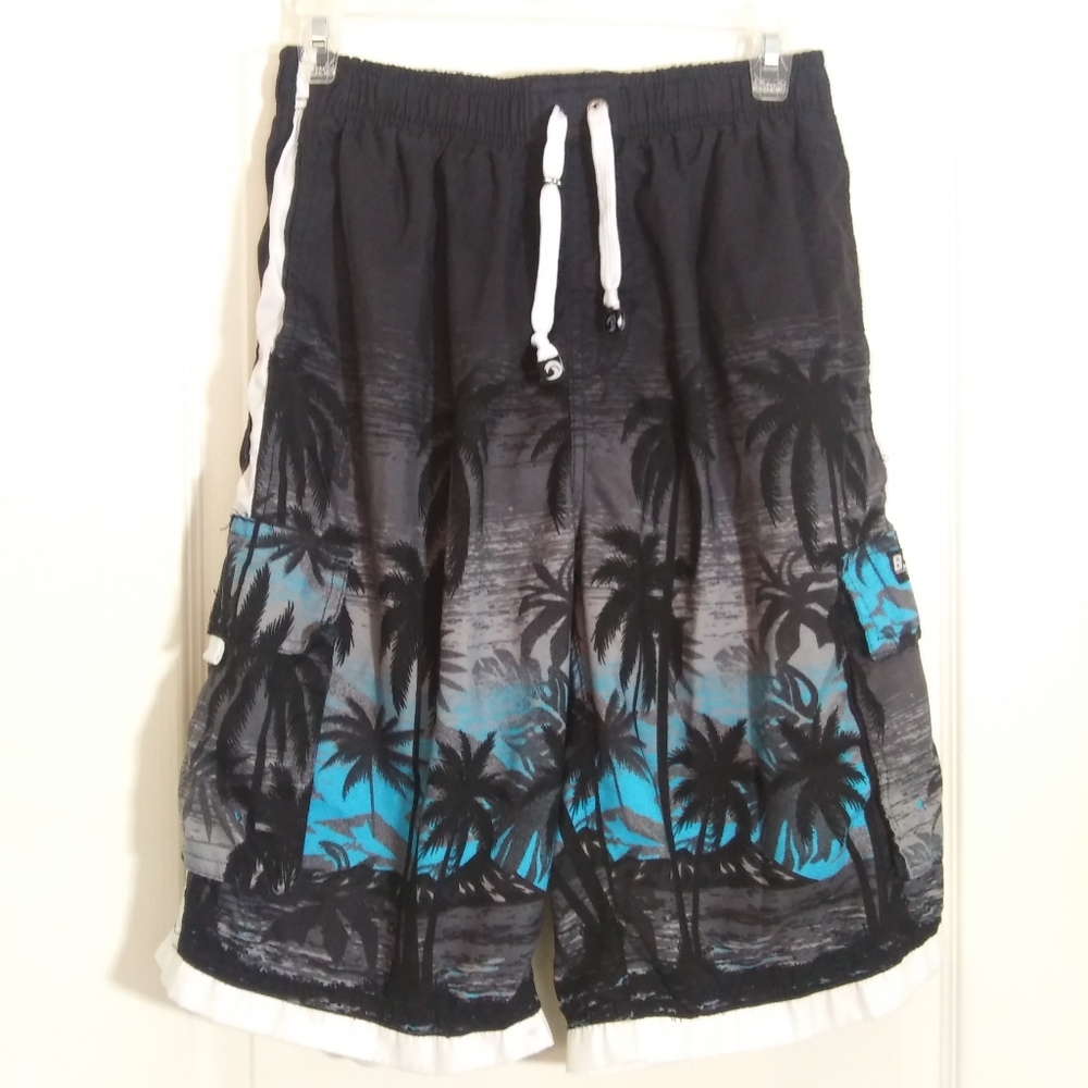 Black Blue Tropical Palm Trees Swimming Swim Trunk - Picture 1 of 3